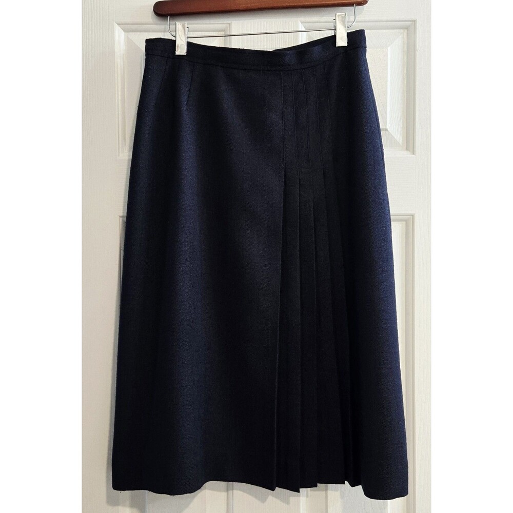 Vintage 70s Evan Picone Navy Wool Pleat Midi Skirt Dark Academia Coquette 12